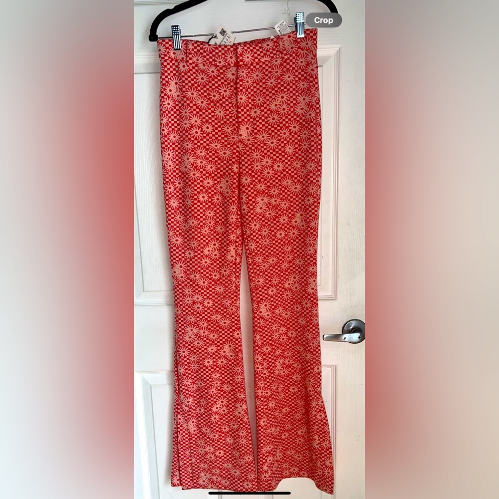 ZARA RED AND CREAM FLORAL FLARE COTTON PANTS